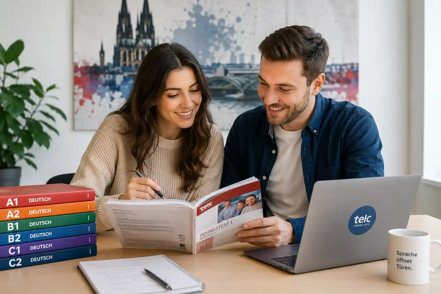 Happy student preparing for German exam