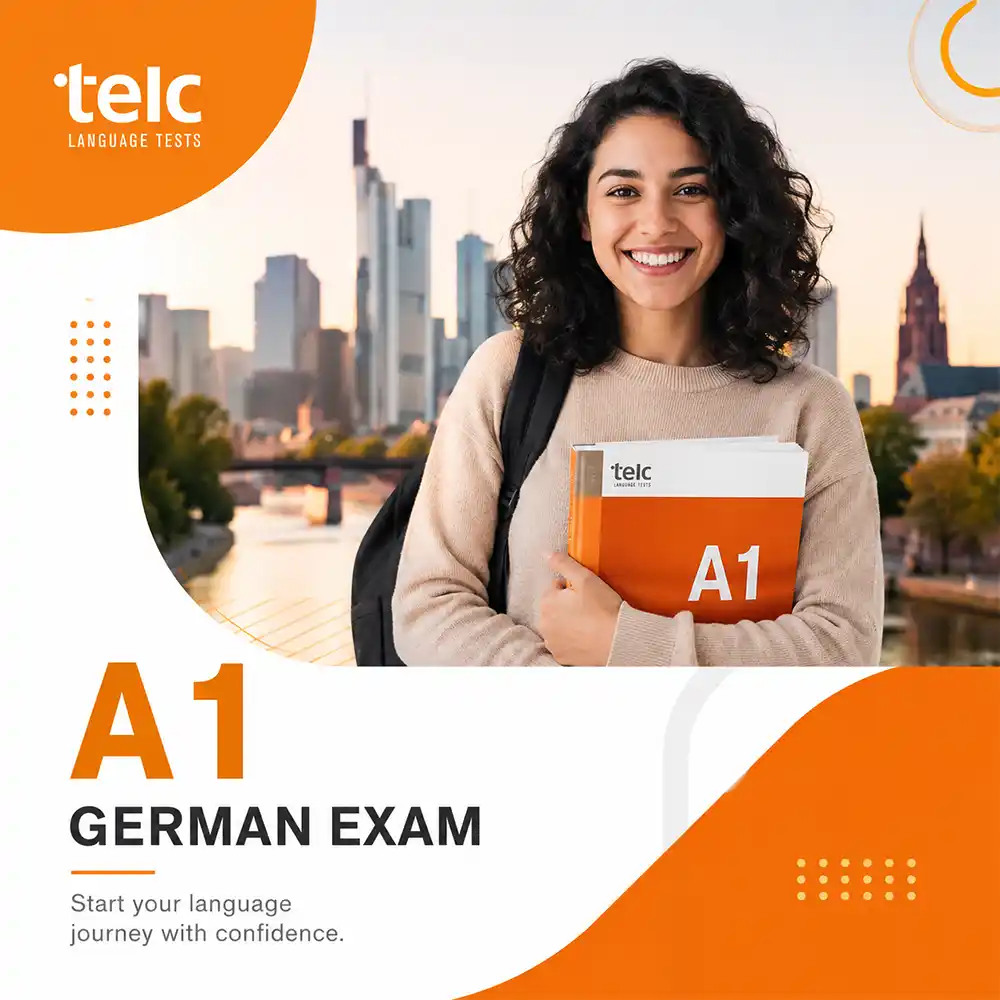 A smiling woman with an orange book before the skyline encourages beginners to take their telc A1 German exam in Frankfurt.