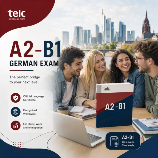 A diverse group of four students laughs together around a table featuring a laptop and a prominent telc A2-B1 study book. The Frankfurt skyline is visible in the background, while text highlights the concept: "One exam. Two levels."