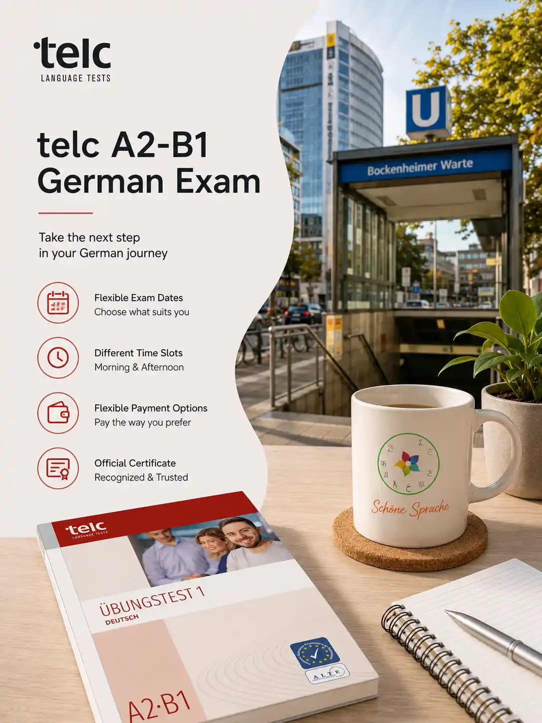 Promotional graphic for the telc A2-B1 German exam, featuring a practice book, a "Schöne Sprache" mug, and a notepad on a desk. The background shows the Bockenheimer Warte station in Frankfurt. Text highlights flexible dates, time slots, payment options, and official certificates.