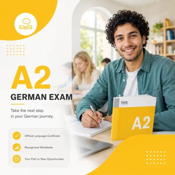 Classroom environment framing an official telc A2 German exam announcement. A cheerful candidate is pictured at a study table, with informational text placed on a clean white background.