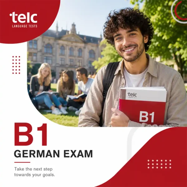 A smiling young man holding a red telc B1 study book stands on a sunny university campus, while a group of students sits on the grass behind him. The promotional graphic encourages learners to take the telc B1 German in Frankfurt exam to reach their goals.