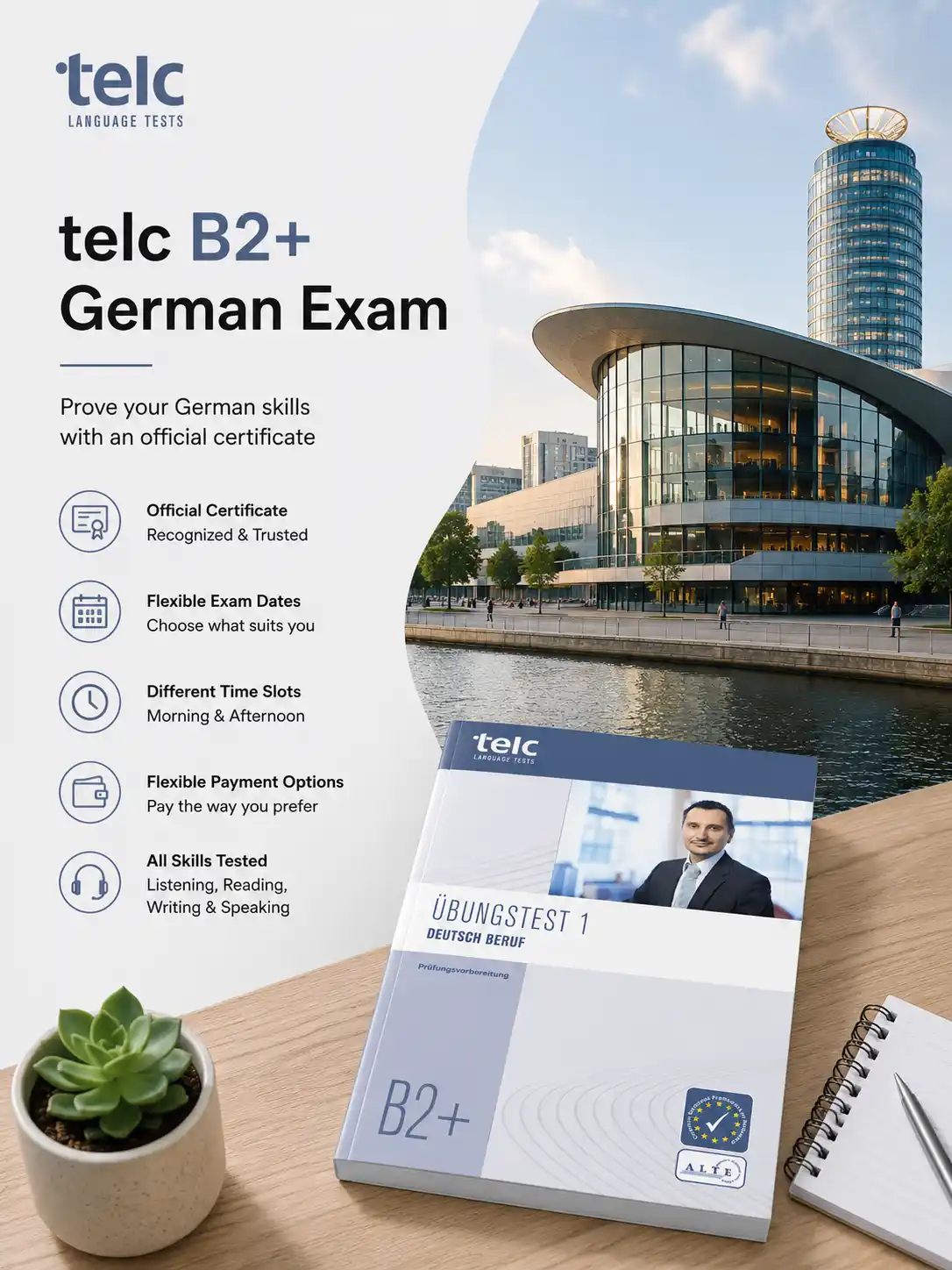 A telc B2+ "Deutsch Beruf" practice book rests on a wooden desk with the modern Westhafen Tower in Frankfurt in the background. The graphic promotes official German exams with flexible dates and payment options.