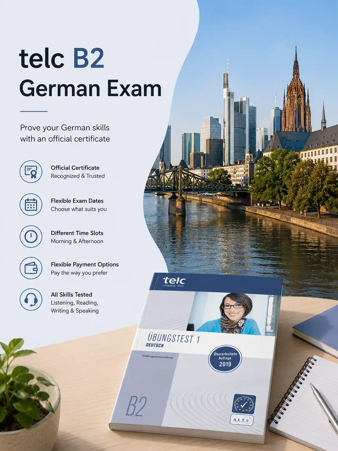 A telc B2 practice book sits on a desk with a view of the Eiserner Steg bridge in Frankfurt. The text promotes official German exams with flexible scheduling and payment options.