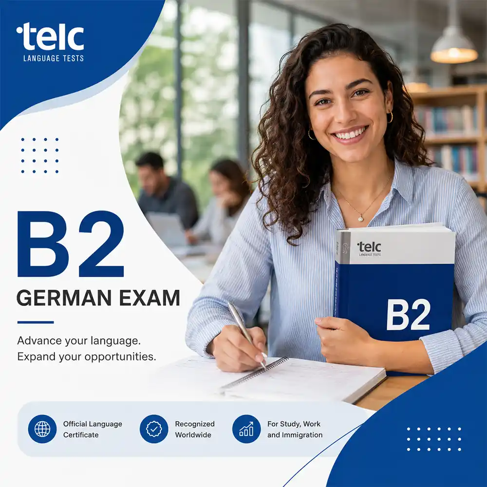 Navy blue and white flyer for the telc B2 German exam in Frankfurt. It displays a female student happily taking notes, surrounded by icons highlighting the certificate's global recognition for career and academic goals.