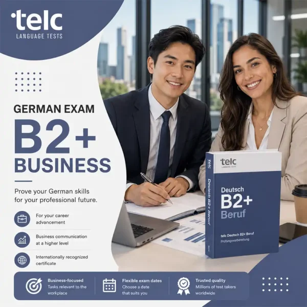 This advertisement for the telc B2+ Beruf exam in Frankfurt uses a polished corporate backdrop to highlight vital benefits like business-focused tasks and global recognition, encouraging professionals to invest in their language qualifications.