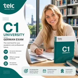 Geared towards ambitious students, this promotional image details the perks of the telc C1 Hochschule exam in Frankfurt. It pairs a focused, cheerful study environment—complete with a laptop, notebook, and a preparation guide—with key facts like flexible exam dates and comprehensive language skills testing.
