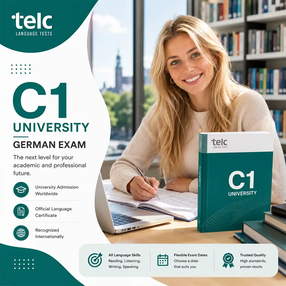 Geared towards ambitious students, this promotional image details the perks of the telc C1 Hochschule exam in Frankfurt. It pairs a focused, cheerful study environment—complete with a laptop, notebook, and a preparation guide—with key facts like flexible exam dates and comprehensive language skills testing.