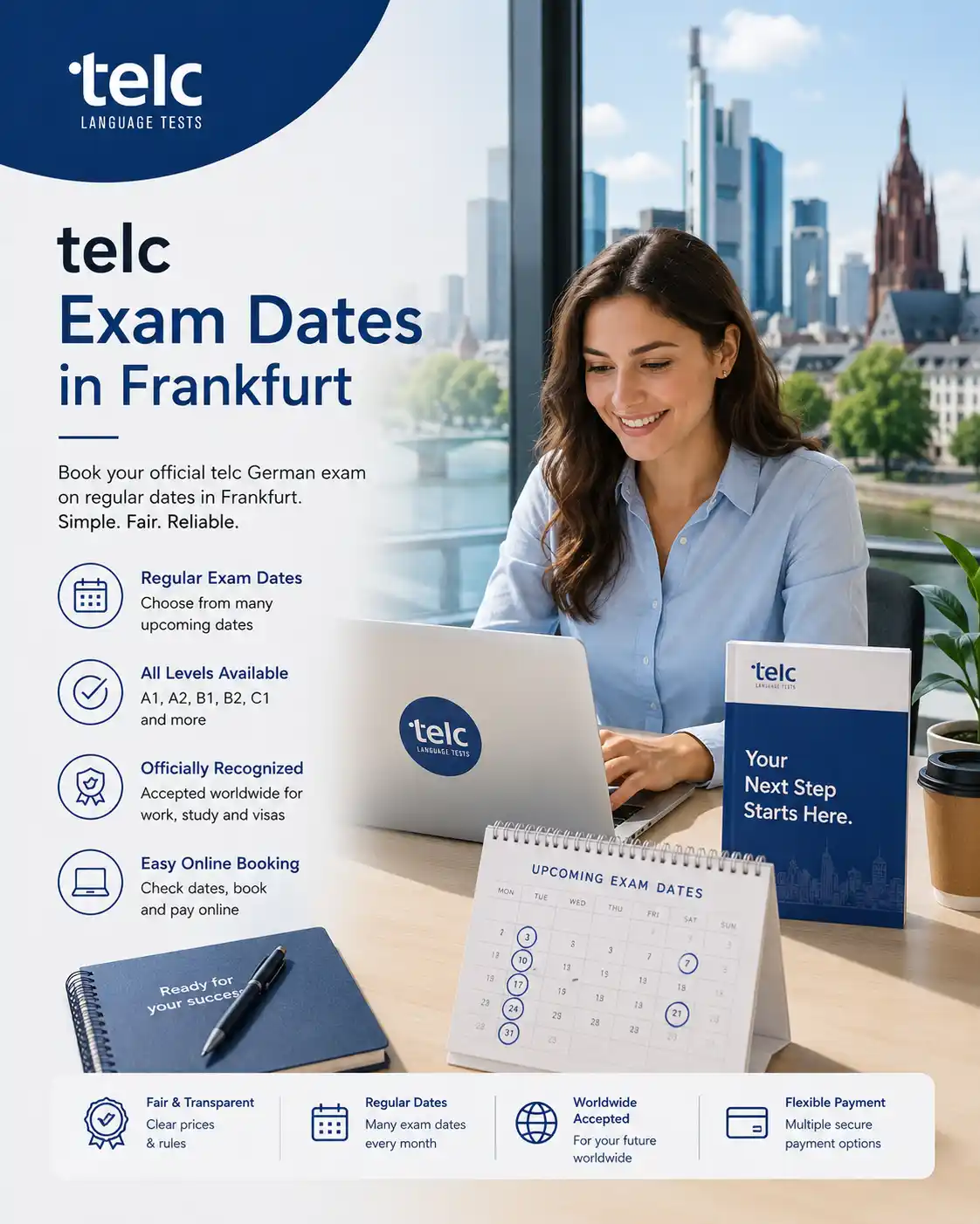 Promotional graphic for telc exam dates in Frankfurt. The layout features a happy candidate at a computer and highlights easy online booking, all language levels from A1 to C1, and officially recognized certificates.